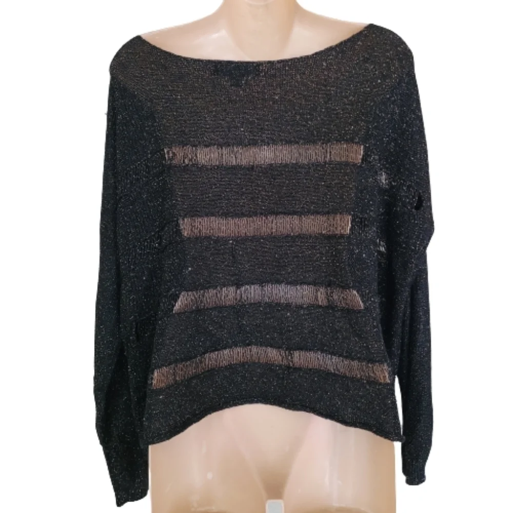 Rock & Republic Black Metallic Distressed Knit Cut out Sweater Size Womens L/XL